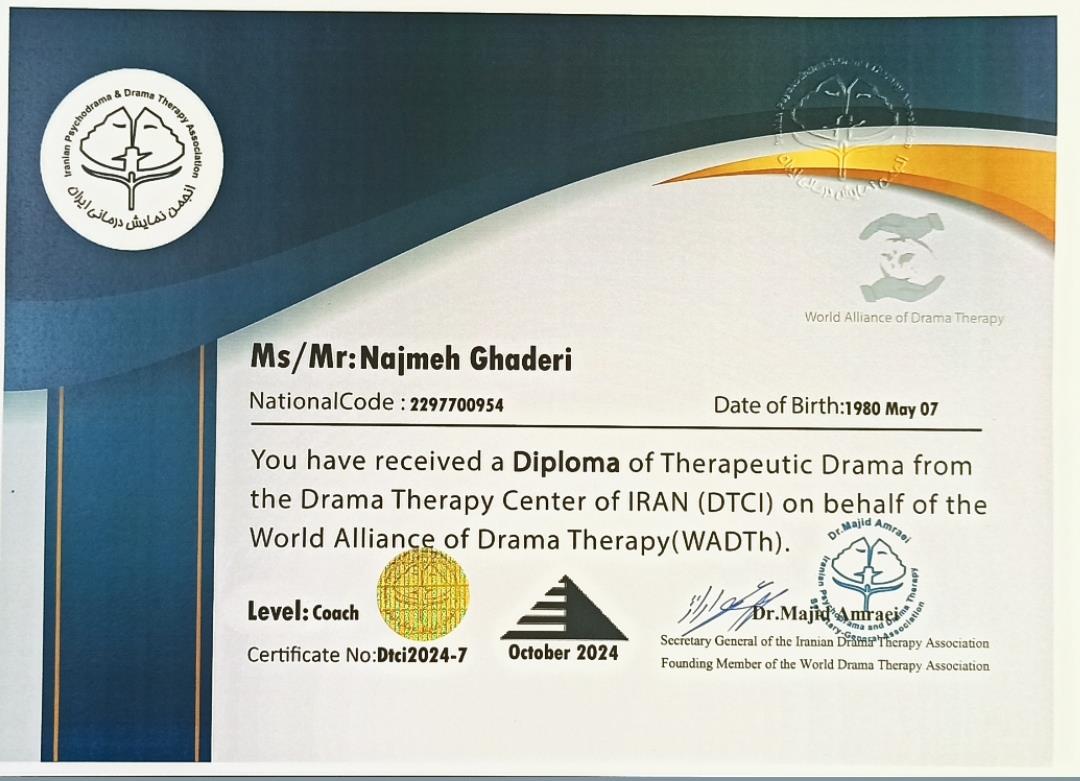 نجمه قادری عضو رسمی انجمن بینالمللی دراماتراپی ایران عضو رسمی فعال ۲۰۲۴